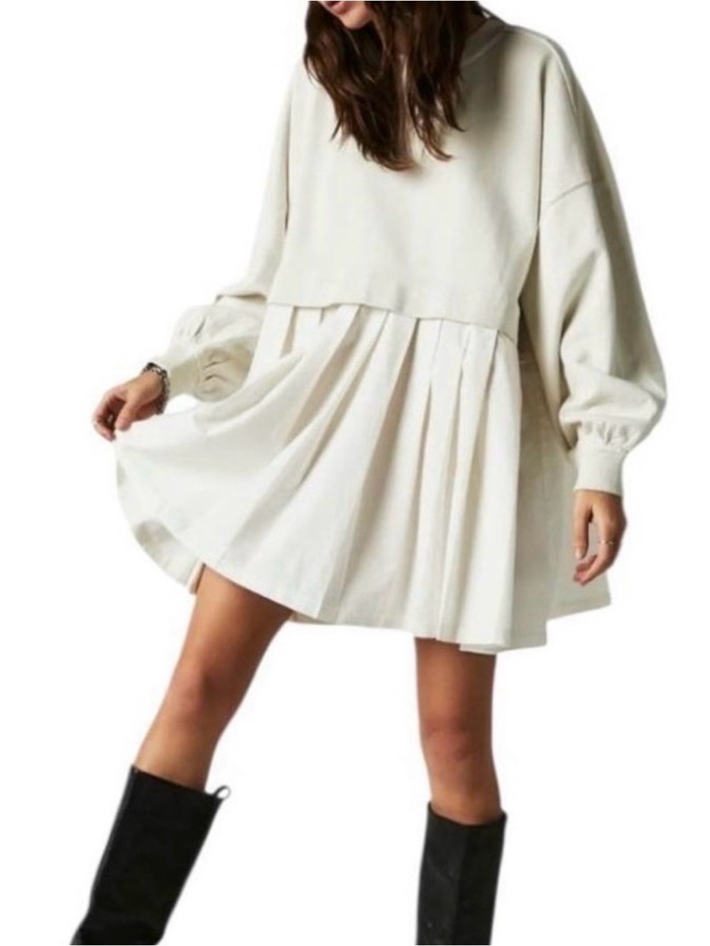 Free People Eleanor Cream Pleated Sweatshirt Dress